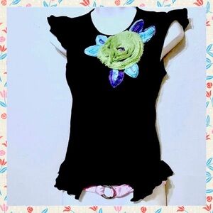 Pony Tails Girls Y2K Black Fabric Floral Appliqué Ruffle Hem Top Size 14/16